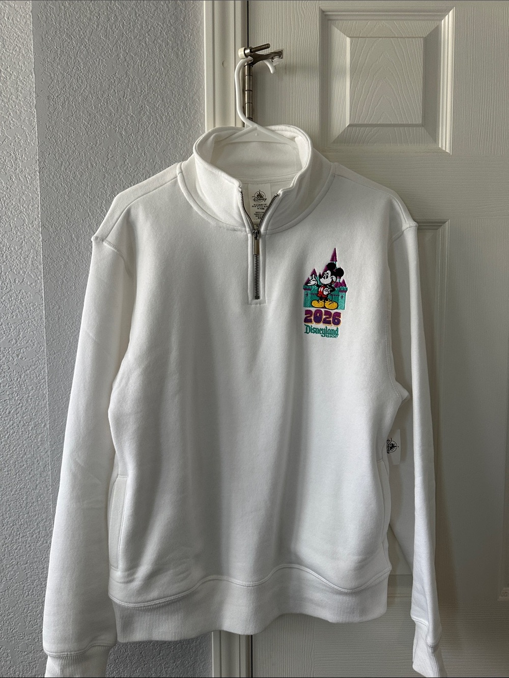 NWT Disneyland 2026 White Quarter-Zip Sweatshirt with Mickey, Castle Graphic